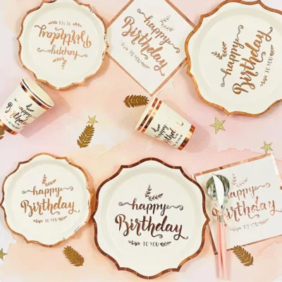 Pack assiette goblet et serviette bronze premium d'anniversairee - dodo.ma