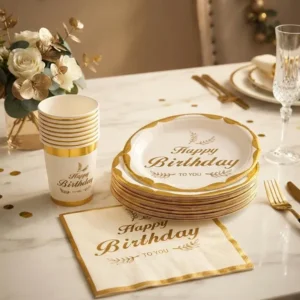 Pack Gobelets, Assiettes et Serviettes Premium pour 10 Personnes – Doré