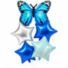 Bouquet de 5 Ballons en Aluminium – Papillon Bleu Céleste et Étoiles